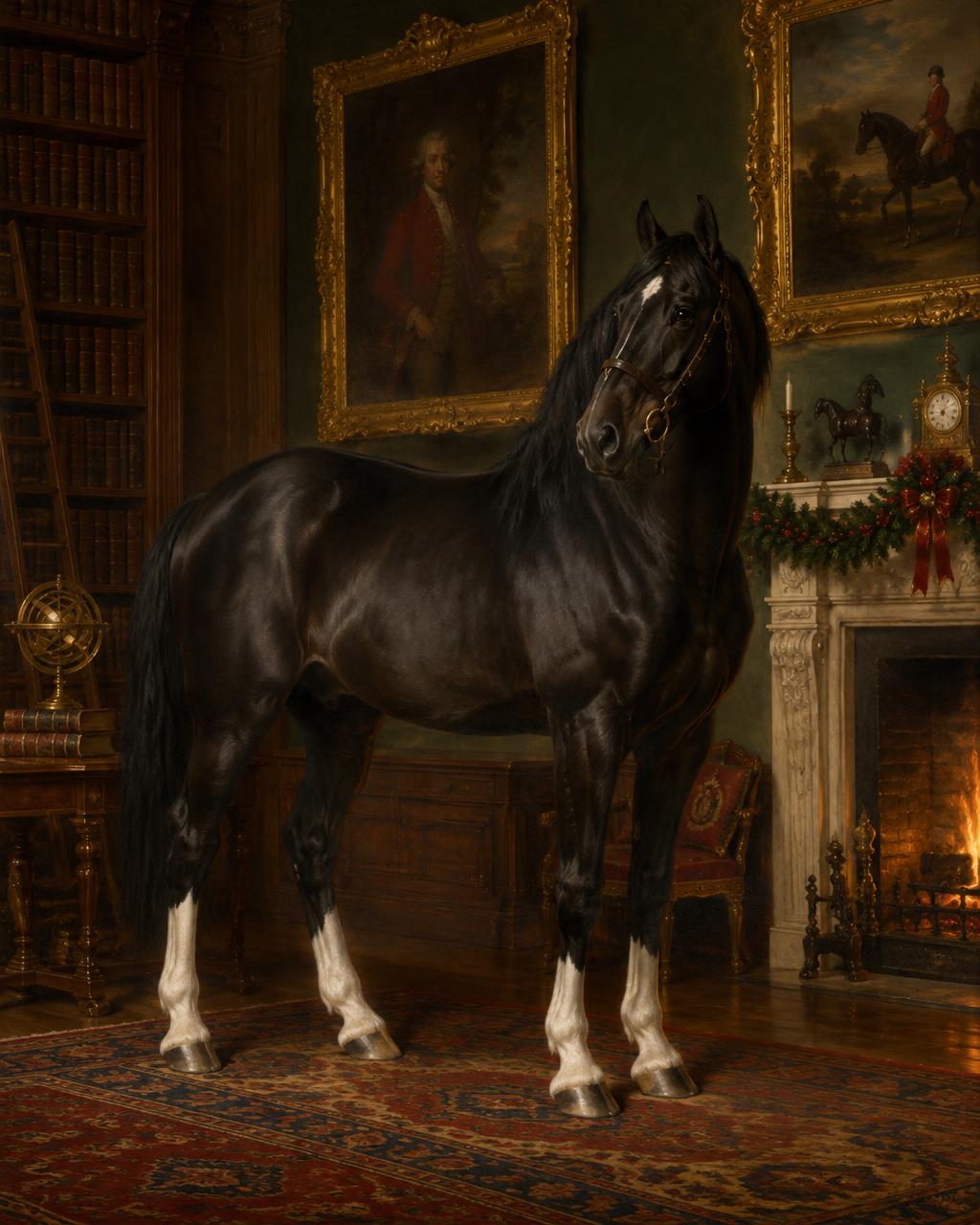 Painted portrait of a black horse with four white socks in a heritage library