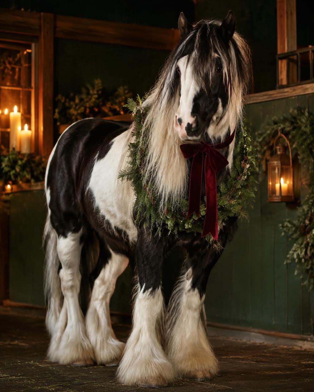 Piebald cob with feathered legs wearing a velvet ribbon in a candlelit stable