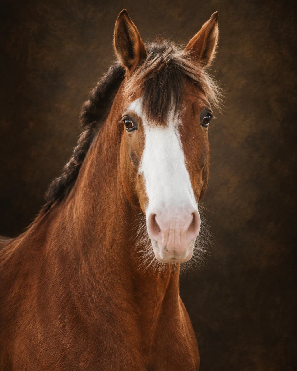 Fine Art style: dramatic close portrait of a chestnut horse with a white blaze on a mottled dark chocolate painted backdrop with warm portrait light