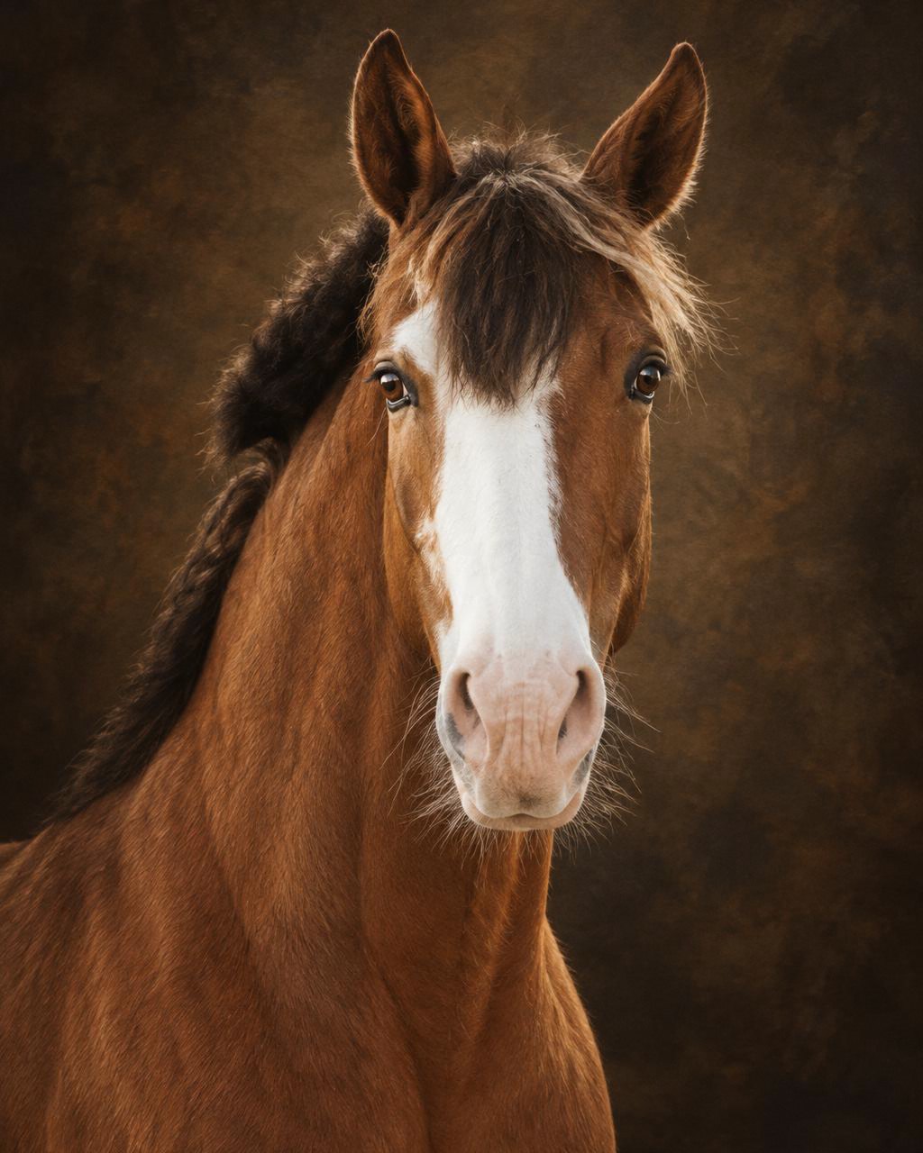 Fine Art style: dramatic close portrait of a chestnut horse with a white blaze on a mottled dark chocolate painted backdrop with warm portrait light