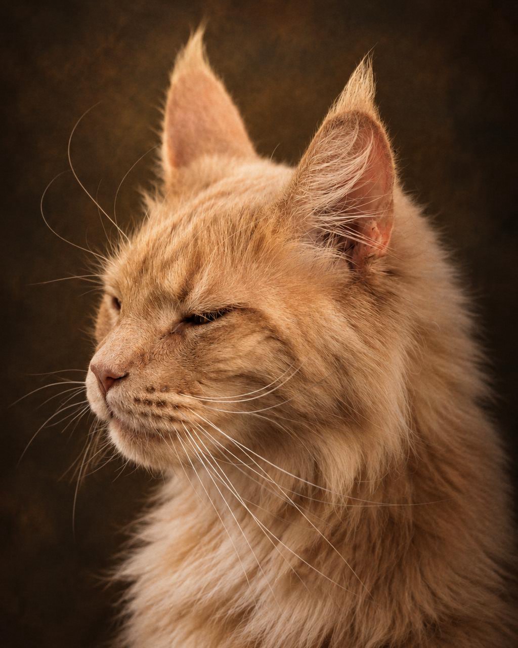 Fine Art style: long-haired ginger cat on a mottled dark chocolate painted backdrop with warm portrait light