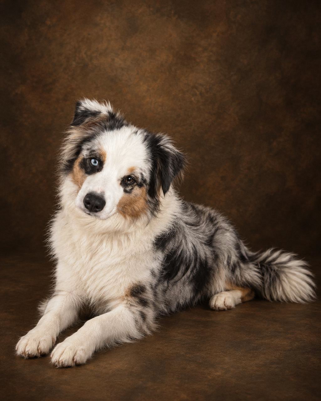 Fine Art style: blue merle Australian Shepherd lying on a dark studio floor before a mottled painted backdrop