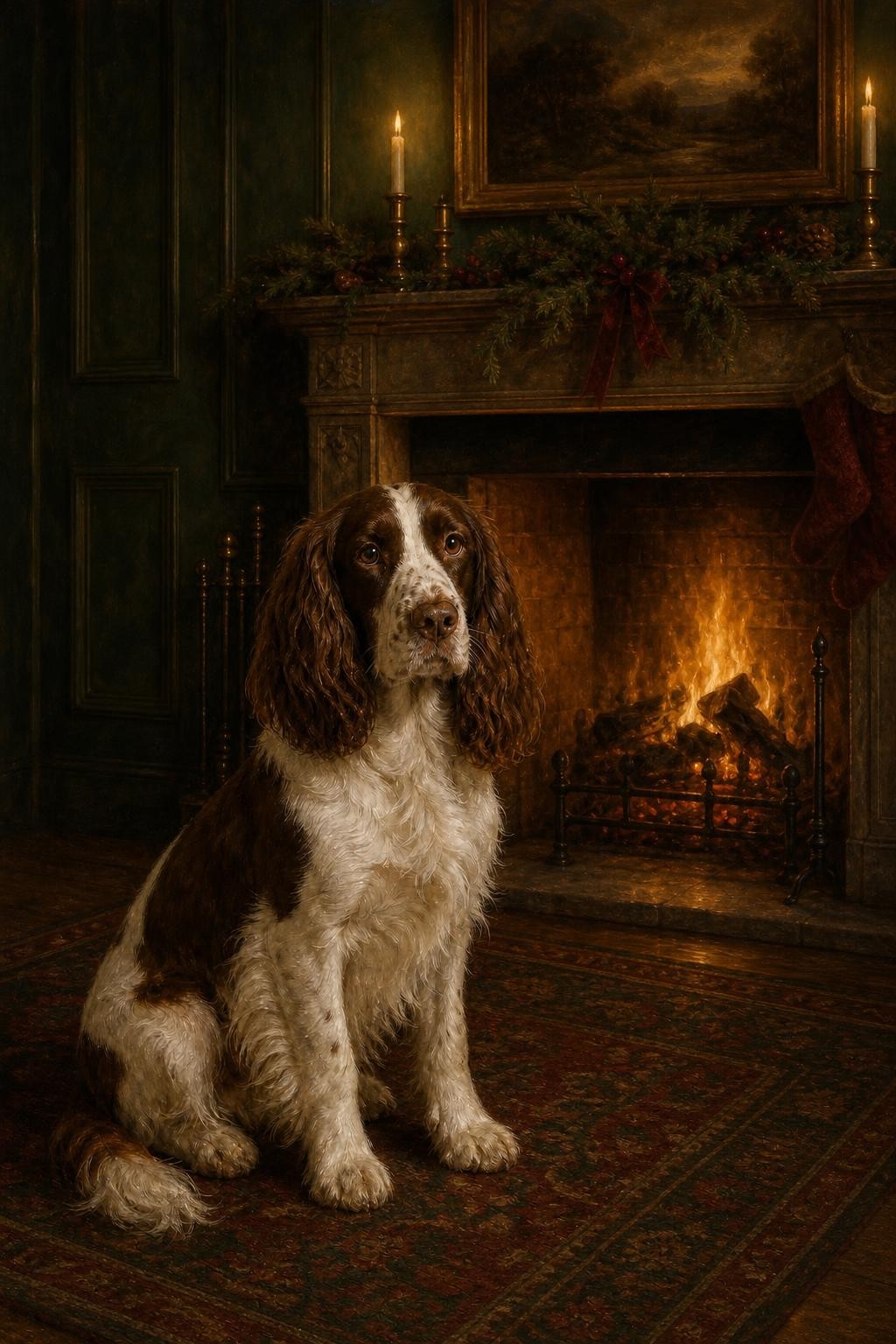 Christmas Fireside fine-art dog portrait: chestnut and white spaniel on a hearth rug before a glowing fireplace and candlelit mantelpiece