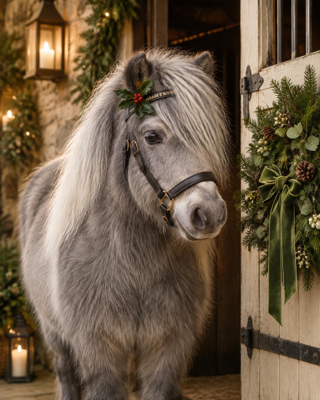 Grey Shetland pony with a holly sprig on its browband by a wreathed stable door