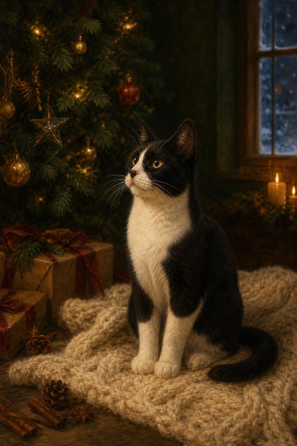 Under the Christmas Tree fine-art cat portrait: black and white cat on a cream knitted blanket beside a golden-lit tree and snowy window