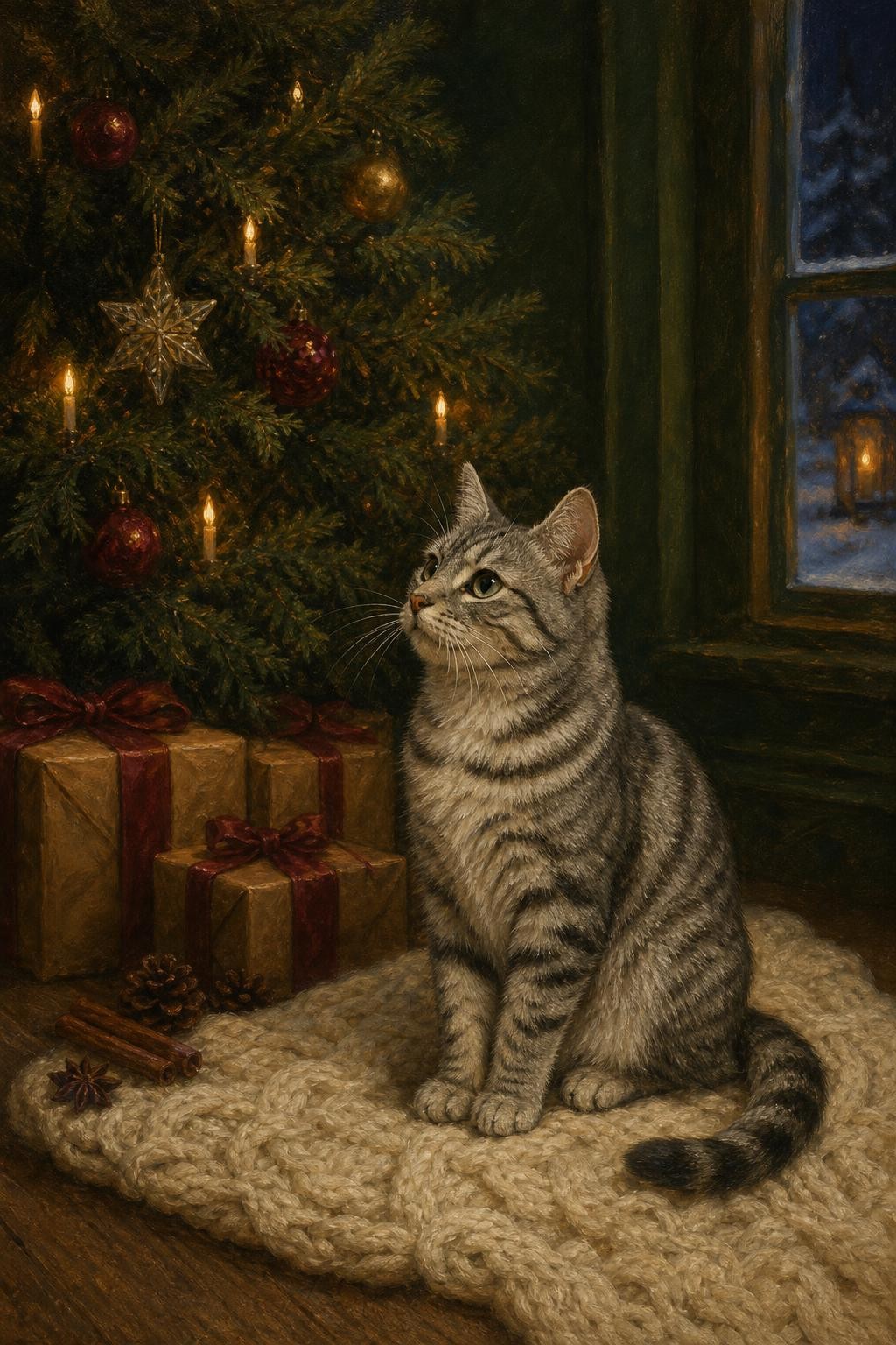 Under the Christmas Tree fine-art cat portrait: silver tabby on a cream knitted blanket with kraft-paper presents, cinnamon, star anise and pine cones
