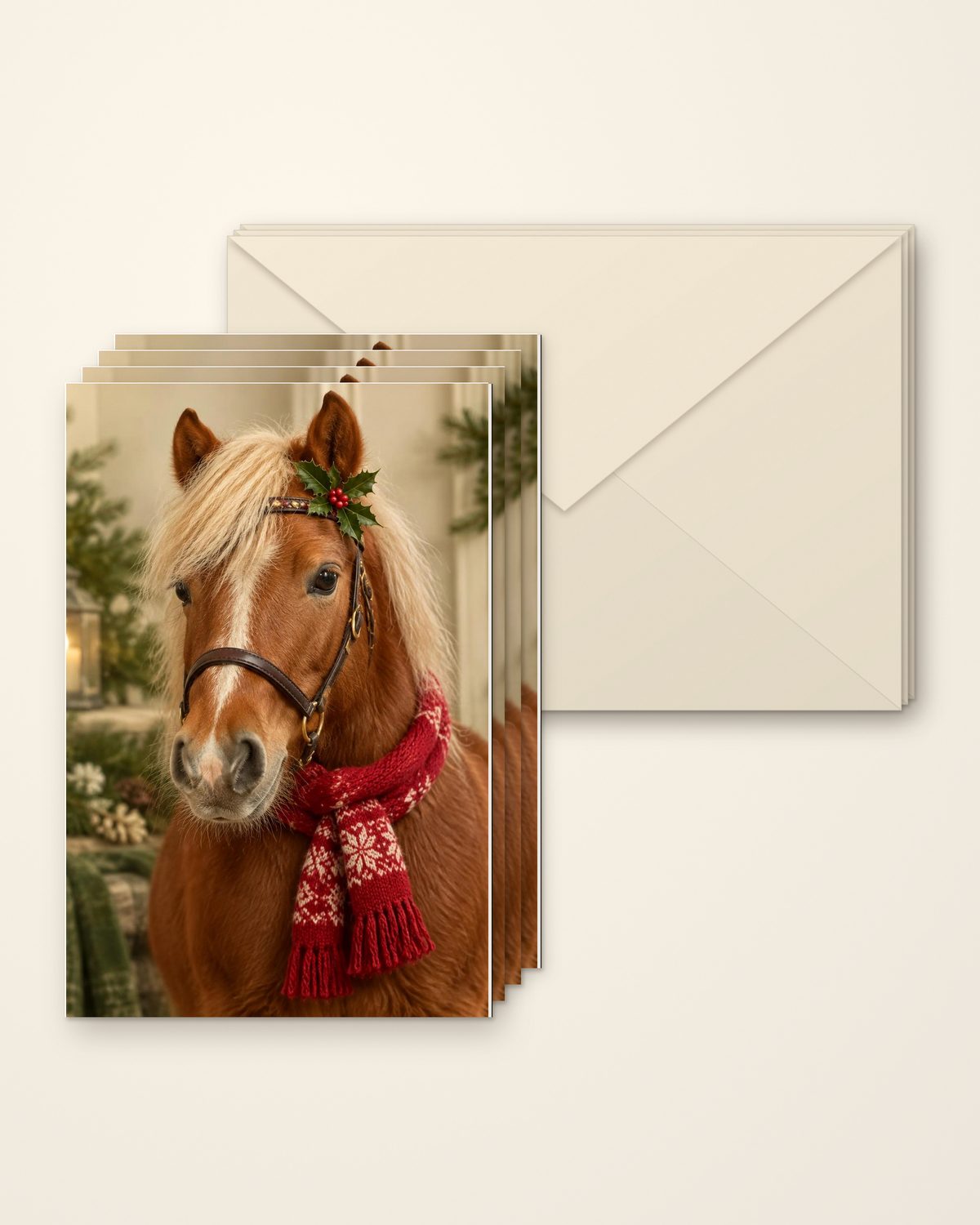 Front view of a folded Christmas card showing a chestnut pony in a red knitted scarf, with matching cards stacked behind and a small stack of cream envelopes