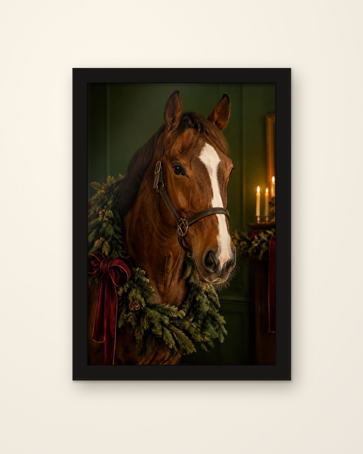 Front view of an 8x12 inch horse portrait in a classic black frame with no mount, on a plain cream background