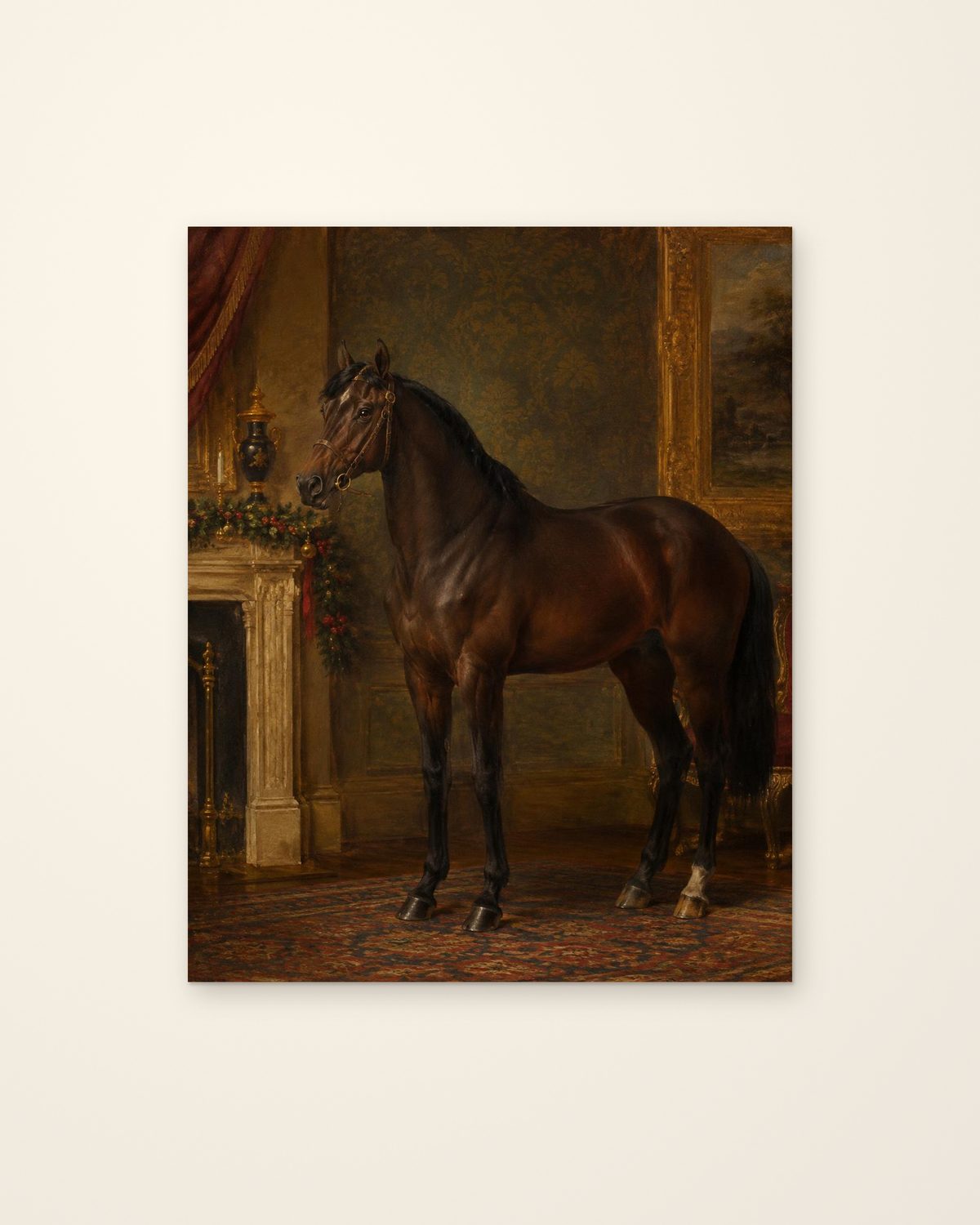 Front view of an unframed 8x10 inch fine art print of a bay horse in a heritage room, on a plain cream background