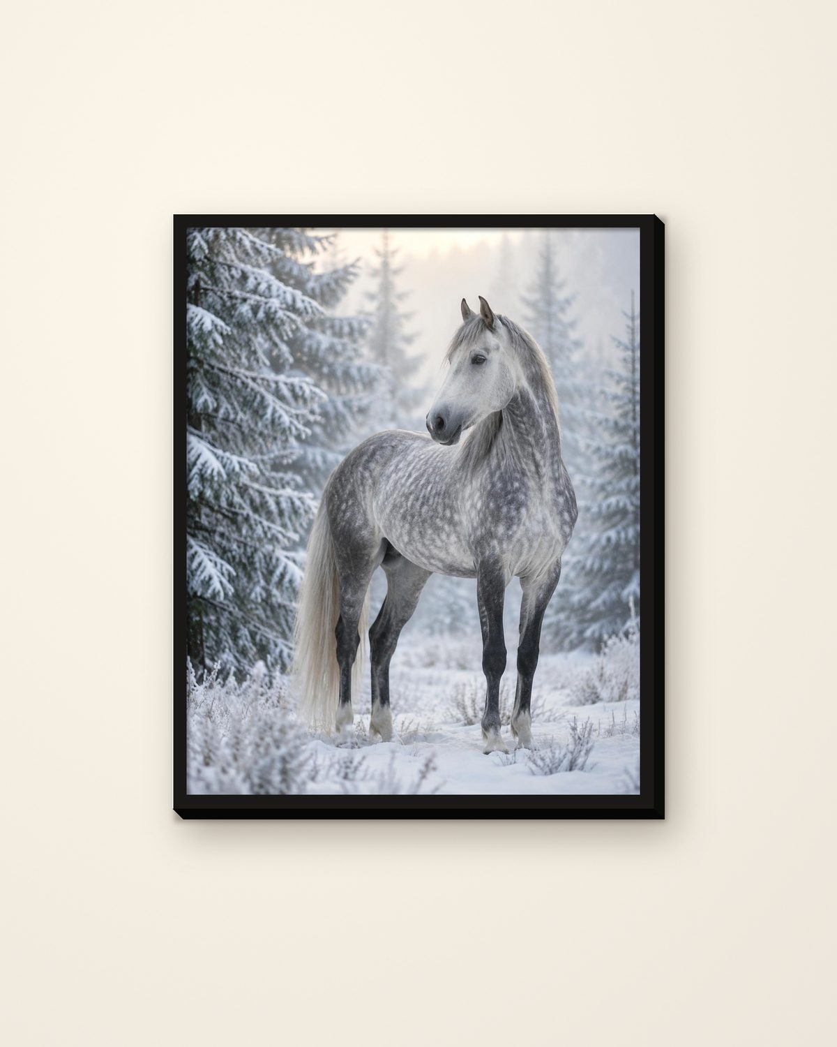 Front view of an 8x10 inch black framed photo tile showing a grey horse in a snowy forest, on a plain cream background
